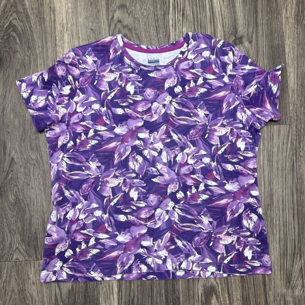Basic Editions Womens XL Purple Floral Tropical Print Crew Neck T-Shirt Cotton